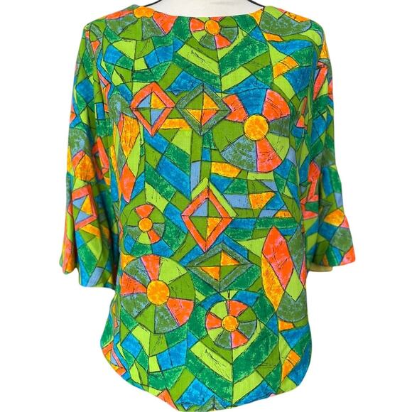 Joy Steven’s 60s Psychedelic Geometric Colorful Blouse Size S / M Bell Sleeve - Picture 1 of 11